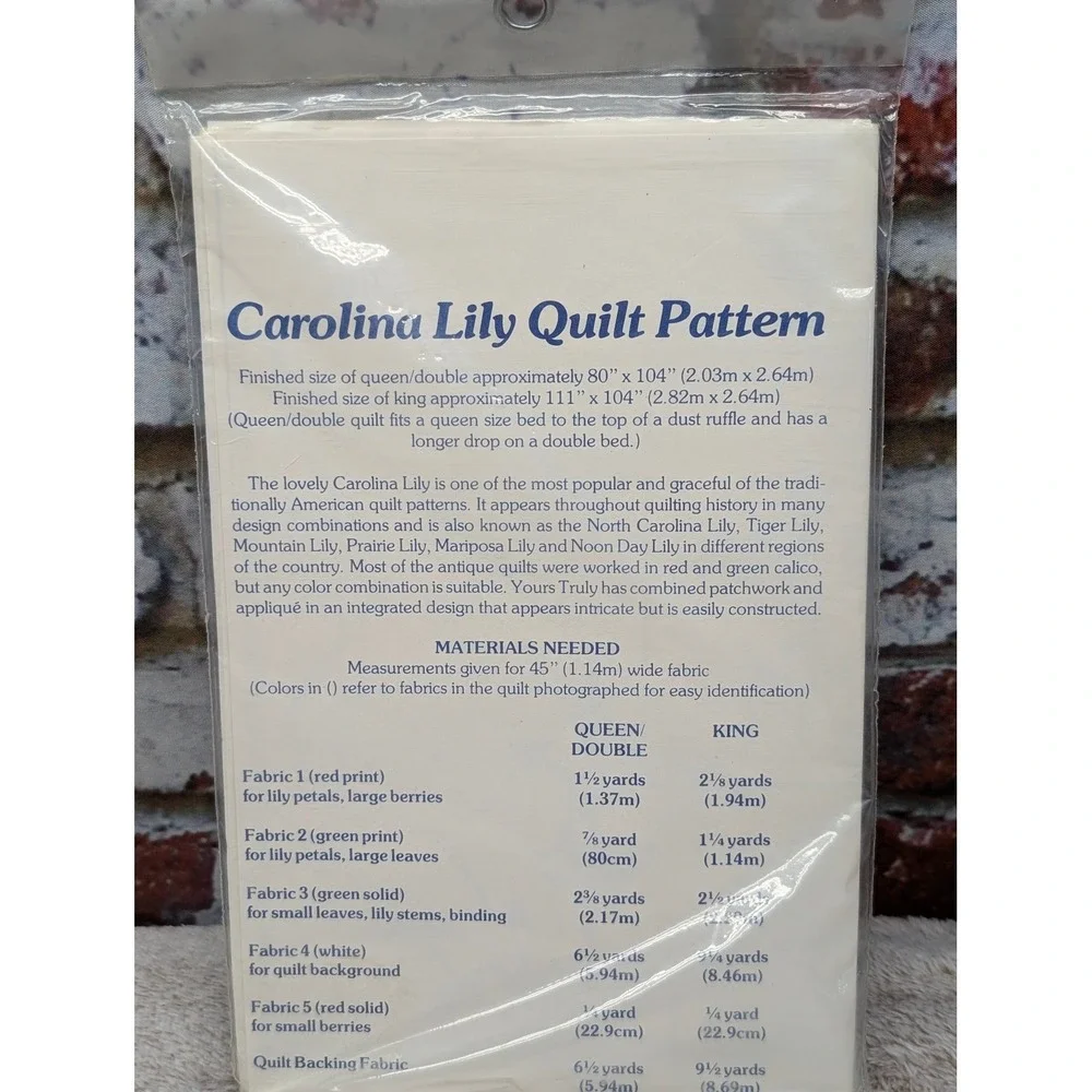 Vtg Yours Truly Carolina Lily Quilt Pattern Instructions 3941 Queen King Floral